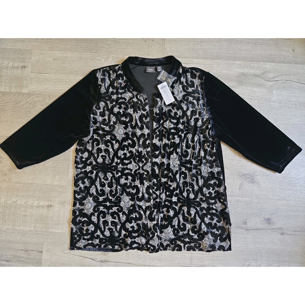 NWT‎ Travelers Collection by Chico's Black Velvet Patchwork Top Jacket Silk Sz 3